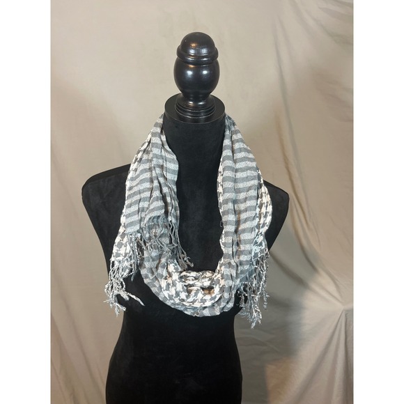 Accessories - Grey White Striped Houndstooth Mixed Print Lightweight Fringe Scarf Wrap